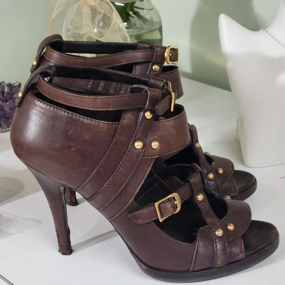 Gucci Leather Pumps 👠 Brown Peep-Toes Studded Accents Platform Multistrap $550 - Picture 6 of 15